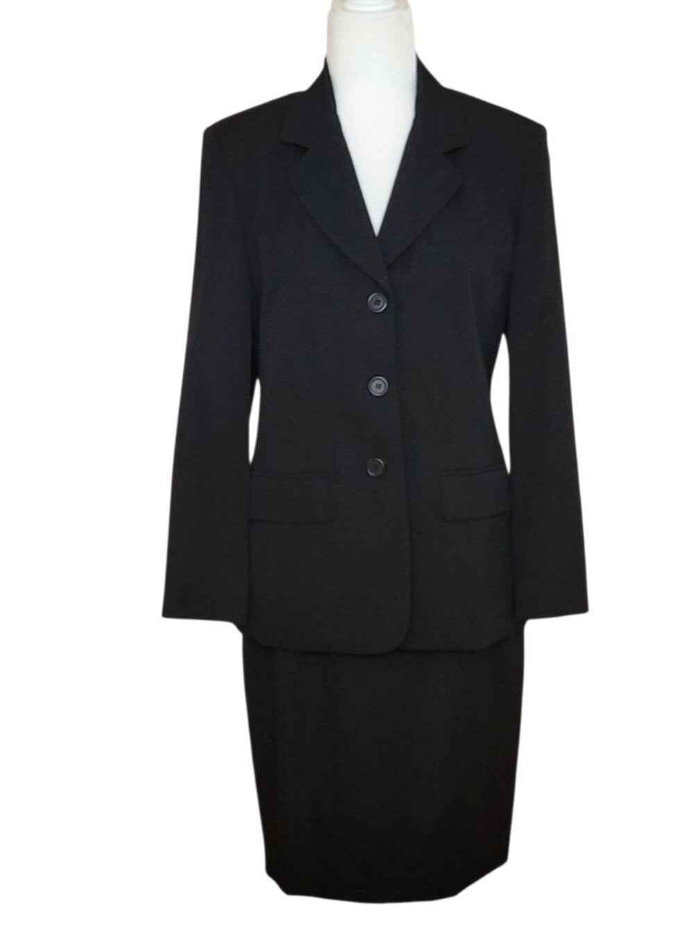 Talbots Petite Vintage 100% Wool 2 Piece Suit Set Blazer and Skirt Classic Black